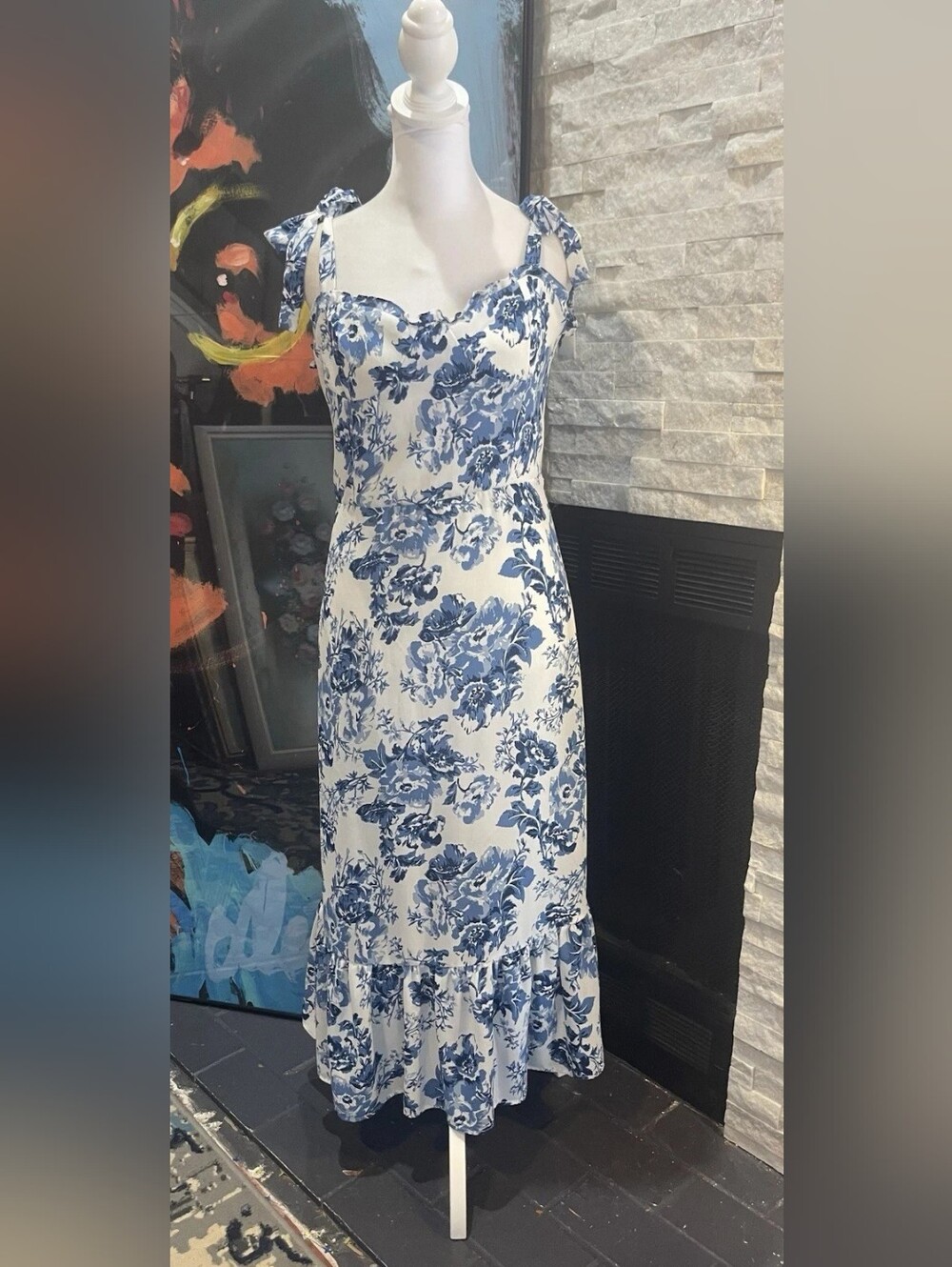 Blue Floral Tie-Shoulder Midi Dress
